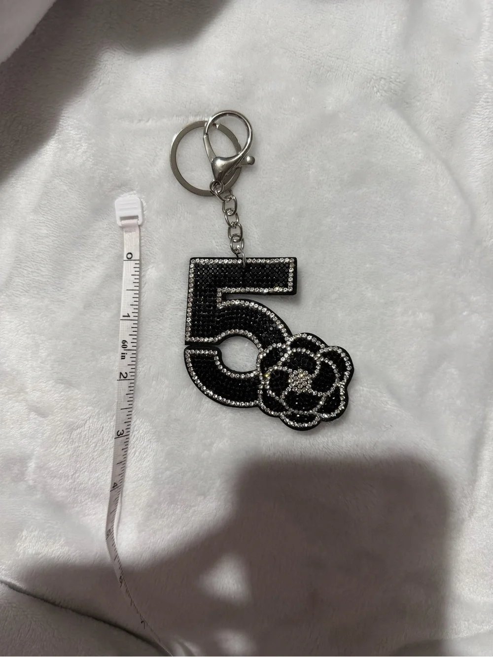 Embellished Number 5 Keychain with Camellia Accent - Black